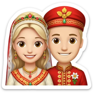 bride and groom in traditional outfit and smiling sticker