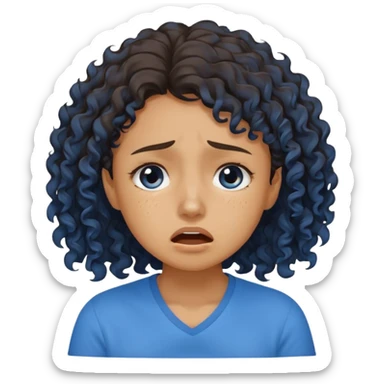 white young curly hair girl, brown hair, with a blue shirt, in despair crying sticker