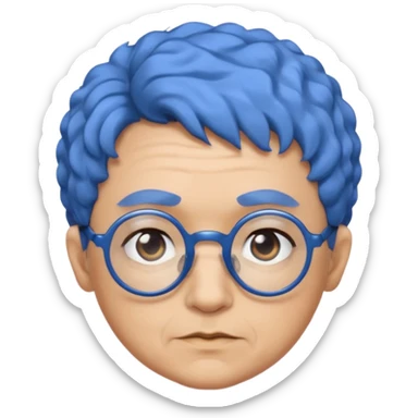 old laydy with short, curly blue hair, matching blue eyebrows, light brown skin, round black glasses, and a neutral facial expression. sticker