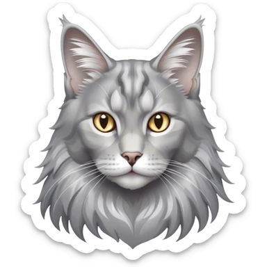 Cinematic Grey Maine Coon Cat Portrait Emoji, Elegant and alert, sleek grey, silver, and white tones, Simplified yet sharp features, highly detailed, glowing with a cool, confident glow, high shine, intelligent and poised, stylized with an air of grace, focused and attentive, soft glowing outline, capturing the essence of strength and sophistication, so lifelike it feels as though it could spring into motion with its majestic tail swishing at any moment! sticker