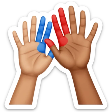 Two upward facing hands one a Little higher than the other. Over the one on the left there is a 6 and over the one on the right there is a 7   sticker