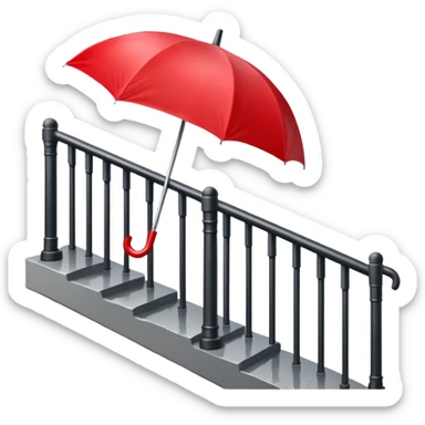 Red umbrella on stair railing, Lost Umbrella. sticker