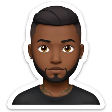 đàn ông 30 tuổi, da đen, tóc undercut ngắn đen, có hình xăm trên mặt, áo đen sticker