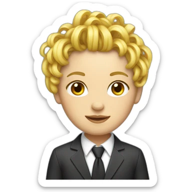 a girl with blond noodles hair and a suit sticker