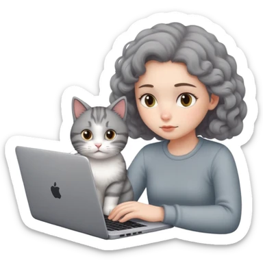 A girl is working hard on a laptop with a cat next to it sticker