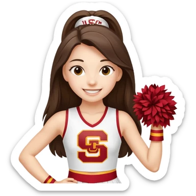 skinny white happy long haired brunette girl in a white USC cheerleader outfit with the letters USC sticker