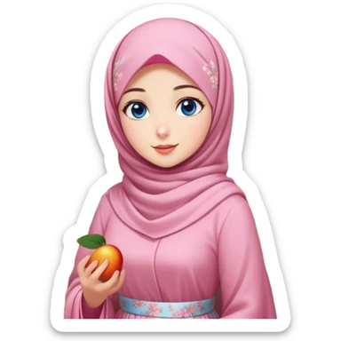 Turkish beautiful finish Konya girls blue eyes with lovely cherry blossom hijab long tail dress and the friends shopping in a market fruits sticker