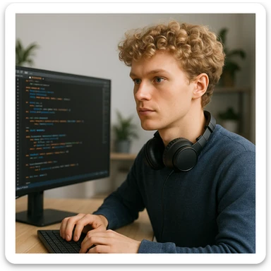 male software developer with blonde curly hair and blue eyes, coding on a large monitor, headphones around neck sticker
