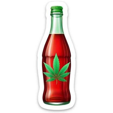 Classic Coca-Cola shaped glass bottle with curved contours, red color, with a cannabis leaf sticker