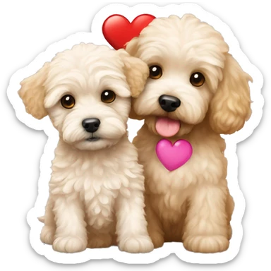 Maltipoo and a golden doodle puppy together with a heart sticker