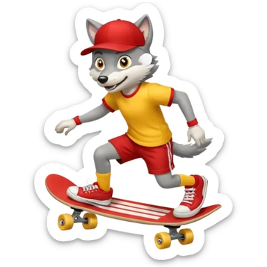 A gray wolf with large, expressive eyes and a friendly smile. The gray wolf is wearing a bright yellow T-shirt, red shorts, white knee socks, and sneakers. The baseball cap is on backwards. The wolf is preparing to perform a skateboarding trick. sticker