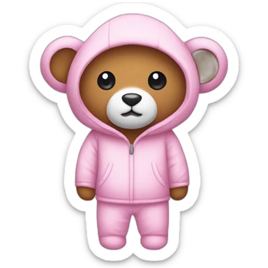 Un oso de peluche rosado con un pijama y un gorro blanco y muy delgado sticker