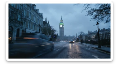 Cinematic shot of a london street, cloudy foggy day, soft light, car flying, leading lines to big ben in distance, multi composition, in foreground blurred car, on second street around UK bulding, od another plan in distance big ben, birds flying, artistic look, captured on arri alexa 35, blue hour sticker