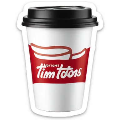 “Red Tim Hortons coffee cup with large white ‘Tim Hortons’ logo in script, black plastic lid, and a simple, clean design.” sticker