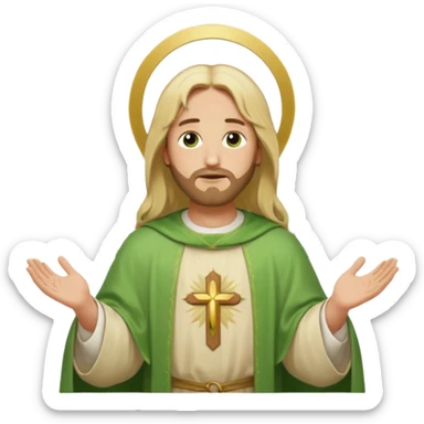Jesus, green eyes, blonde hair, light green chasuble. opening arms, gazing thoughtfully. Soft light, subtle fern. Waist-up, profile. sticker
