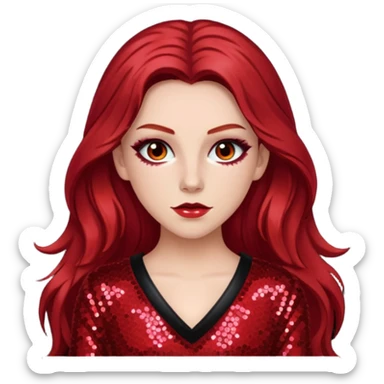 Chappell Roan (b.1998) with long dark red hair, red sequin outfit, makeup sticker