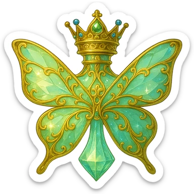 Create a bright fantasy style design of a bottle with a short neck and a princess crown on top. The bottle should have a crystal butterfly shape with golden details. The colors of the bottle should blend beautifully in a soft, crystalline gradient of light green (#c0ff53), blue, and similar shades. The background should be transparent with a nicely merging bottom and the bottle should appear to be hanging in the air without any base or shadow. sticker