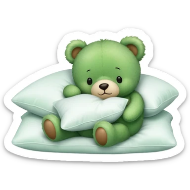 Cute Green teddy bear sleeping on a White pillow sticker