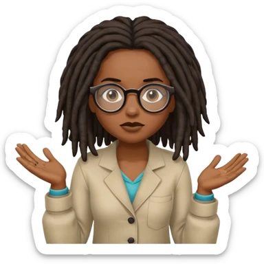 darker skin female with dark dreadlock hair wearing large round glasses shrugging her shoulders sticker