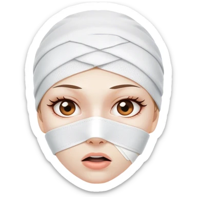  woman's face wrapped in white bandages after facial plastic surgery. Her eyes are wide open, expressing surprise and slight shock sticker