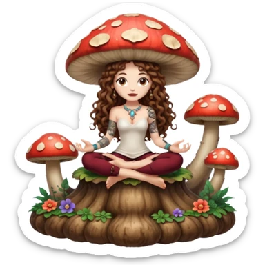 full body view of a woman with long curly brown hair, brown eyes, white skin, tattoos, sitting on a giant mushroom throne, legs crossed, mystical queen vibe sticker