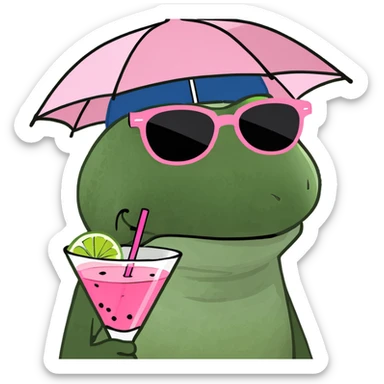 Bufo frog in a relaxed lounging pose, with umbrella hat, sunglasses, holding a pink cocktail, classic Bufo meme style, no background. sticker