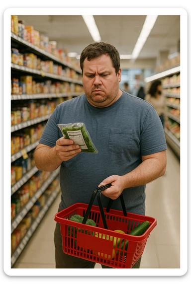 a man in casual clothes walks through a grocery store, looking at a nutrition label with a furrowed brow. Despite choosing healthy options, his body remains overweight. Other shoppers pass by, and the lighting is natural, capturing a moment of everyday life and genuine confusion. sticker