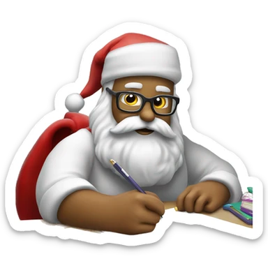 Santa is sitting on a desk, writing something down, solving complicated math puzzles in an exercise book sticker