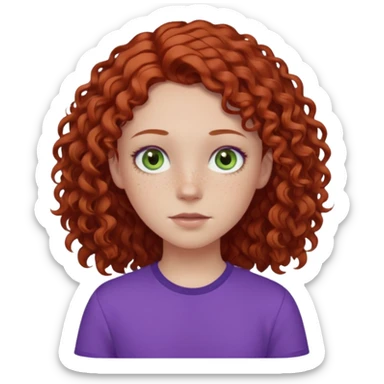 pale white teen girl with light blueish green eyes and freckles with brownish red curly middle part hair and purple shirt sticker
