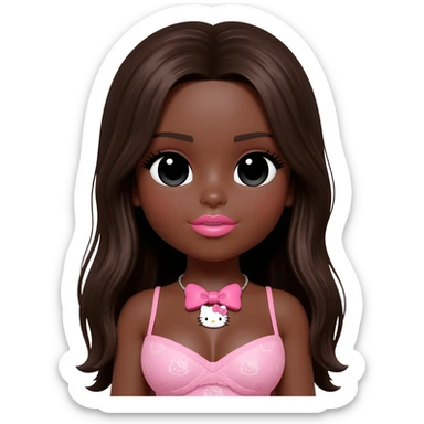 hello kitty necklace, doll eyes, Doll, big chest, dark brown skin, with middle part long dark brunette hair,  black cute eyes, pink bows with cute lips sticker