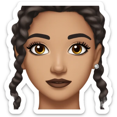 Maddy Perez euphoria show teenager: warm brown eyes, bold black sharp eyeliner, dark arched brows, full nude-berry lips, light skin, high cheekbones, sleek dark brown long hair in waves/ponytail, sparkly rhinestones on her eyelids 

 sticker