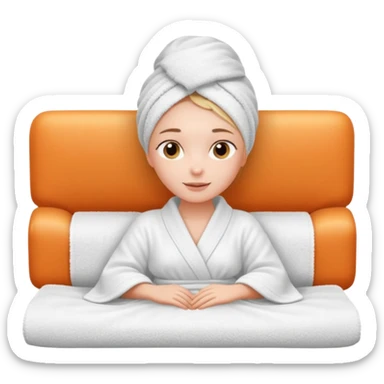 spa A contented and relaxed girl with a towel on her head in a white robe lies on a couch. The icon displays the couch and the girl in full three-quarter view. sticker