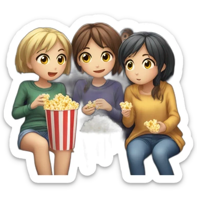 three anime girls watching movie at the cinema eating popcorn, dark background sticker