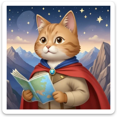 Explorer cat holding a map, mountains and stars in background, wearing light clothes and cape blowing in wind, looking into distance sticker