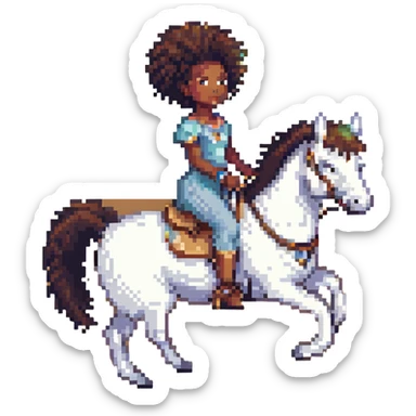black girl with afro riding a white horse, pixel art style sticker