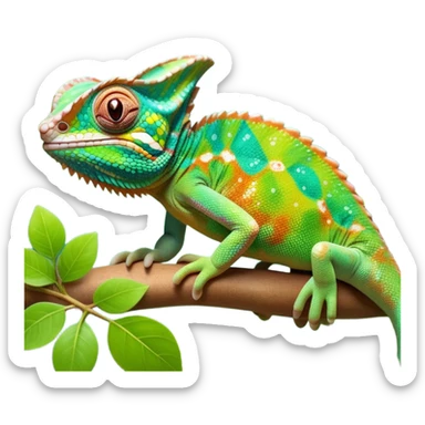 cinematic cute-smiling chameleon-realistic emoji,-blending-with-vibrant-greenery.-detailed-scales-in-shifting-colors,-showing-the-chameleon’s-ability-to-camouflage.-soft-natural-light-highlights-its-texture.-nature-background, zoomed into its face sticker