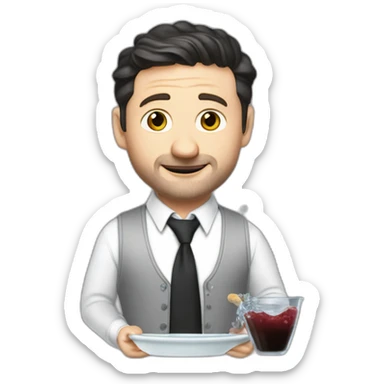 tim robinson dark black slicked back hair white long sleeve waffle shirt with a light grey vest pouring water on a steak -tie sticker