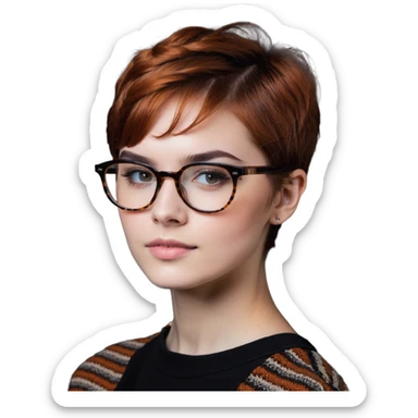 woman in her 20s with auburn pixie cut (side part) and glasses sticker