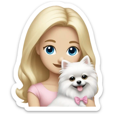 Blond girl white skin blue eyes hugging white Pomeranian with light pink bow sticker
