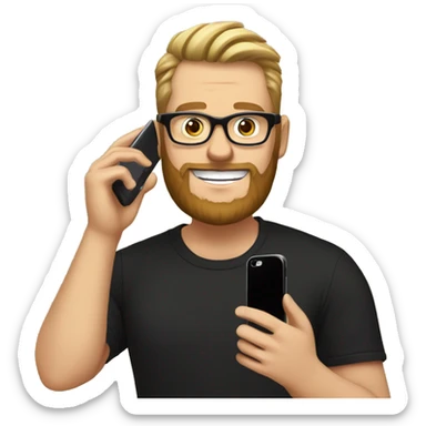 White man, 
wearing black circle glasses, smiling, straight hair with a high comb to the brown side, beard, holding a cell phone next to his face, black t-shirt with a pineapple sticker