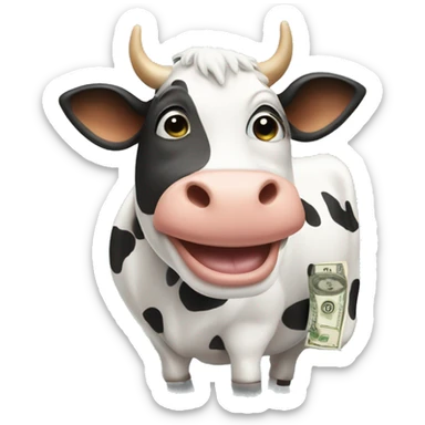 Cow with dollar signs on it and a big grin on his face sticker