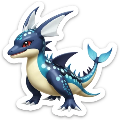 Black and white smooth glossy soft hot spotted Dialga-Orca-Giratina-Noivern-Vaporeon-Pokémon-Fakémon-fusion-hybrid-creature (full body), 4-legged,  sticker