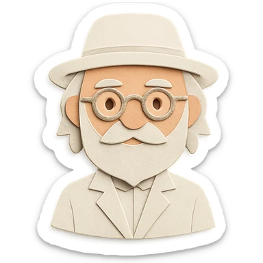 old man with a white hat, slightly long white beard, white moustache, round glasses, white suit, white longish hair, paper craft style sticker