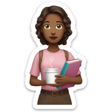 Brunette girl, light skin, holding a light pink Bible with a cross on the cover in one hand and a coffee in the other hand sticker