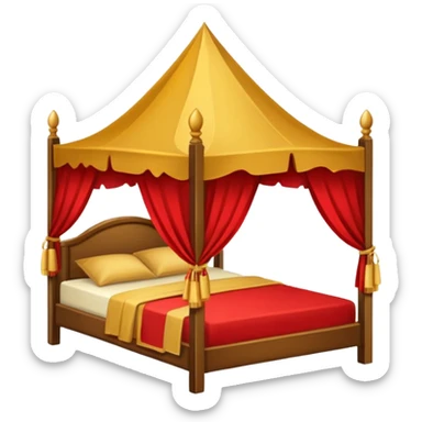 bed with red and gold sheets, wooden, canopy, simple sticker