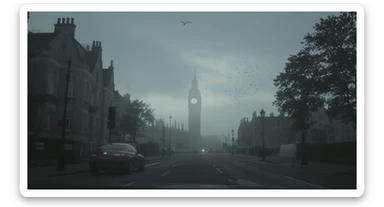 Cinematic shot of a london street, cloudy foggy day, soft light, leading lines to big ben in distance, multi composition, in foreground blurred car, on second street around UK bulding, od another plan in distance big ben, birds flying, artistic look, captured on arri alexa 35, triadal composition sticker