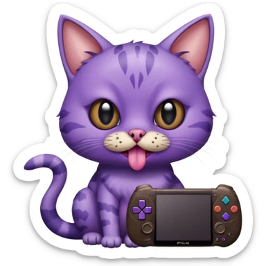 purple cat with huge eyes smelly lines and their massive brown tongue out also a playstation next to it and an ostrich on its back realistic sticker