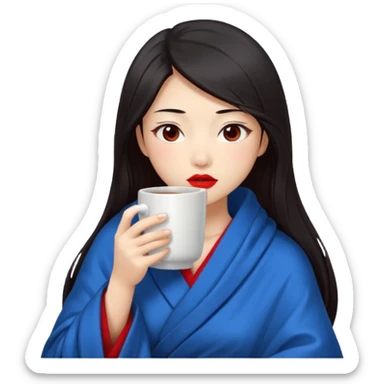 sexy asian japanese girl, red lips, long dark hair, feeling ill, sickness, nose is red due to sickness, fully covered by blanket - even head, holding tea mug in hands sticker