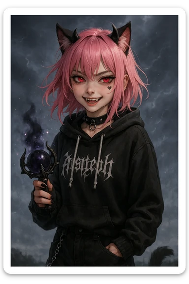 realistic anime catgirl with pink hair, emo streetwear, heart tattoo under left eye, dark magical accessory, sparkles, stormy background, devilish look with small black horns, red glowing eyes, sharp fangs, mischievous grin sticker