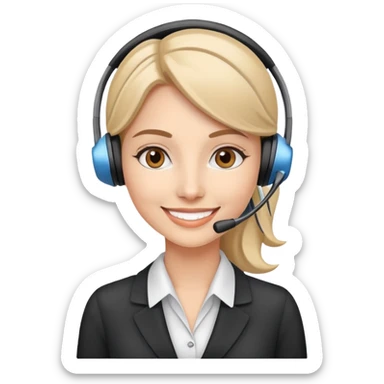 Head and upper body bust of an attractive female business woman receptionist smiling wearing a wireless headset. sticker